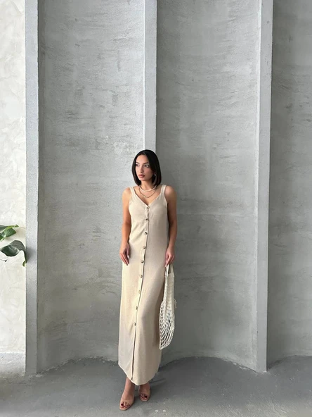 Kadın Askılı Keten Elbise - 2