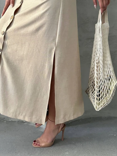 Kadın Askılı Keten Elbise - 6