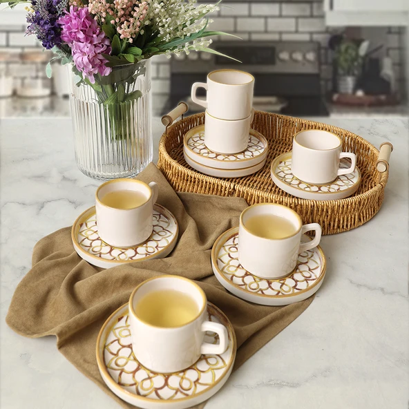 Keramika Worn Gold Stackable Çay Takımı 12 Parça 6 Kişilik 22968-23057