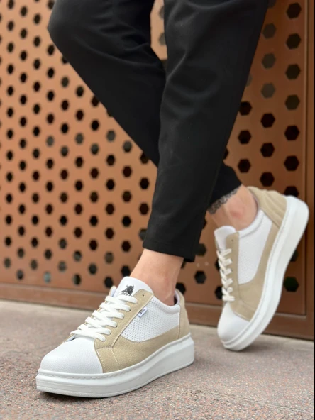 ET0423 Kalın Yüksek Taban Beyaz Krem Bağcıklı Spor Erkek Ayakkabı - Resim 2