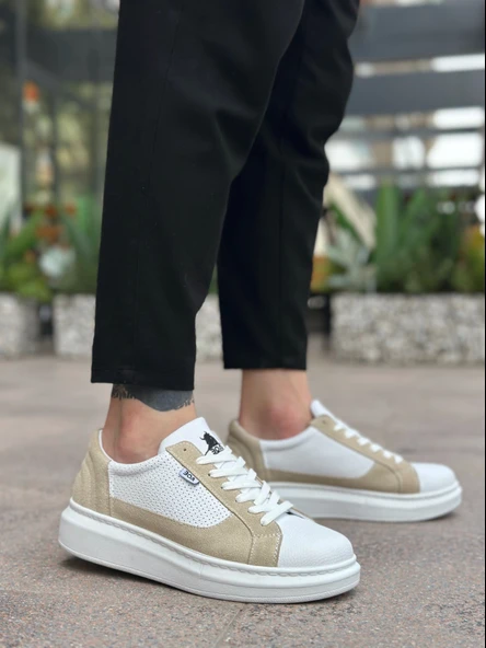 ET0423 Kalın Yüksek Taban Beyaz Krem Bağcıklı Spor Erkek Ayakkabı - Resim 3