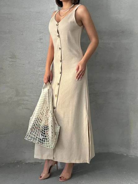 Kadın Askılı Keten Elbise - 5