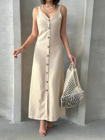 Kadın Askılı Keten Elbise - 4