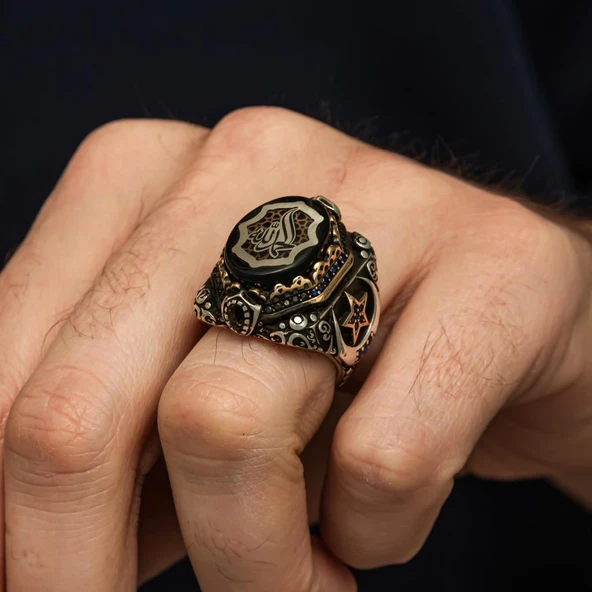 Elhamdülillah Yazılı  Ayyıldız Motifli 925 Gümüş Yüzük - Resim 4