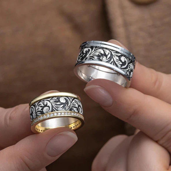 Oyma Desenli Taşlı Çift Gümüş Alyans Yüzük - Resim 9