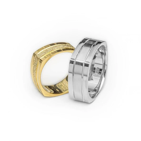 Kare Tasarım Çizgili Çift Gümüş Alyans Yüzük - Resim 2