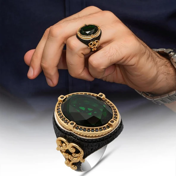 Oval Yeşil Taşlı 925 Ayar Gümüş Yüzük - 7