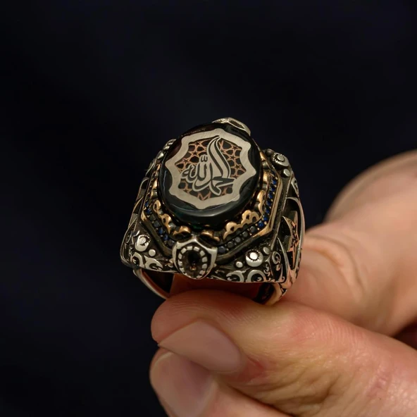 Elhamdülillah Yazılı  Ayyıldız Motifli 925 Gümüş Yüzük - Resim 5