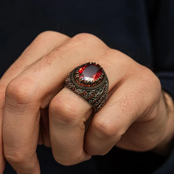Oval Kırmızı Taşlı 925 Gümüş Erkek Yüzük - Resim 2