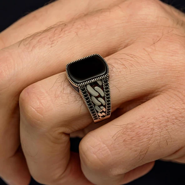 Akik Taşlı Kare Gurmet Model 925 Erkek Gümüş Yüzük - Resim 3