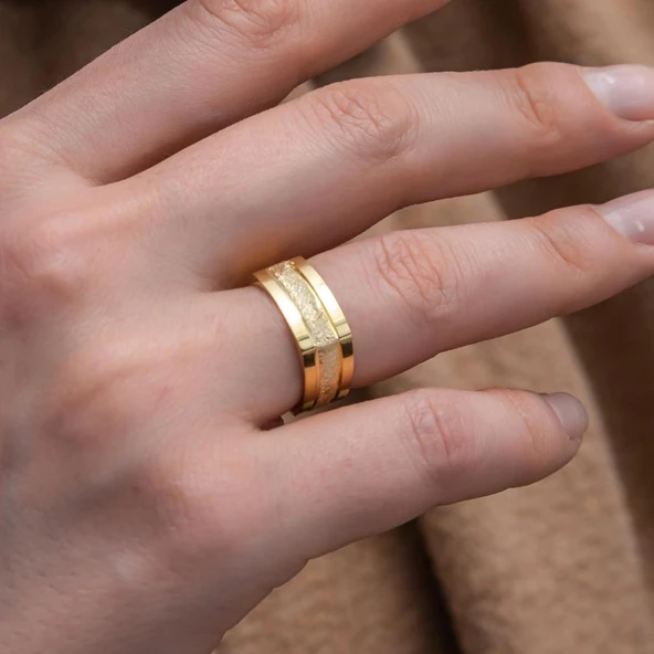 Kare Tasarım Çizgili Çift Gümüş Alyans Yüzük - Resim 5