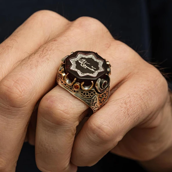 Hasbiyallah Yazılı Siyah Taşlı 925 Gümüş Yüzük - Resim 4