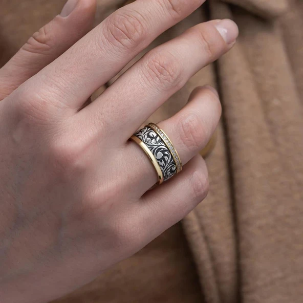 Oyma Desenli Taşlı Çift Gümüş Alyans Yüzük - Resim 7