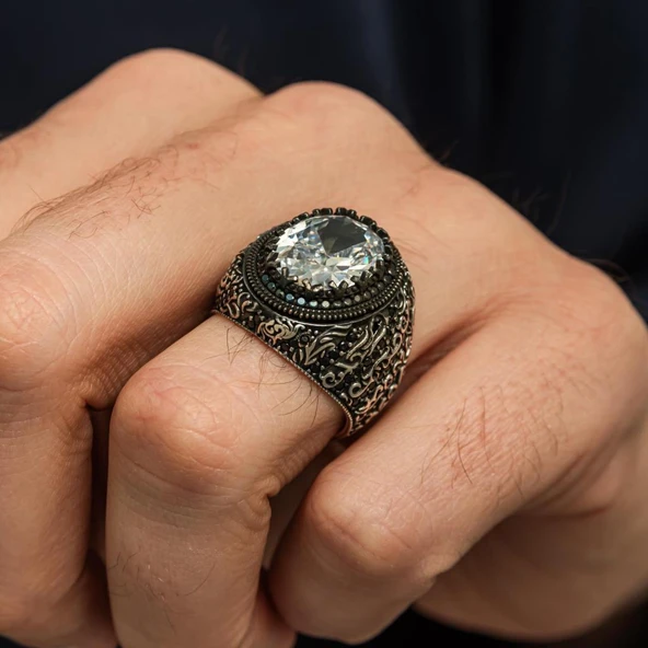 Oval Beyaz Zirkon Taşlı 925 Gümüş Erkek Yüzük - Resim 2