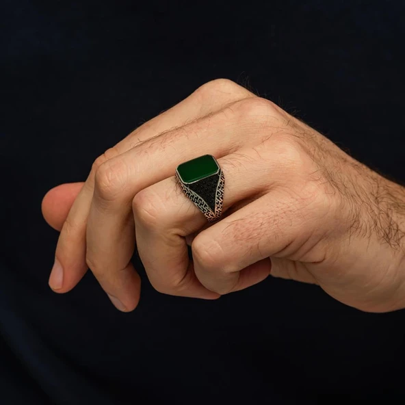 Yeşil Akik Taşlı Kare 925 Erkek Gümüş Yüzük - Resim 5