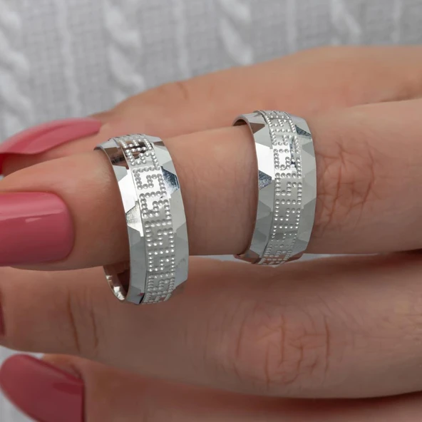 Grek Desenli Çift 925 Gümüş Alyans Yüzük ürün görseli