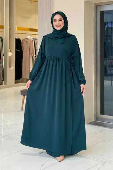 Şallı Kruvaze Namaz Elbisesi 6027 Zümrüt
