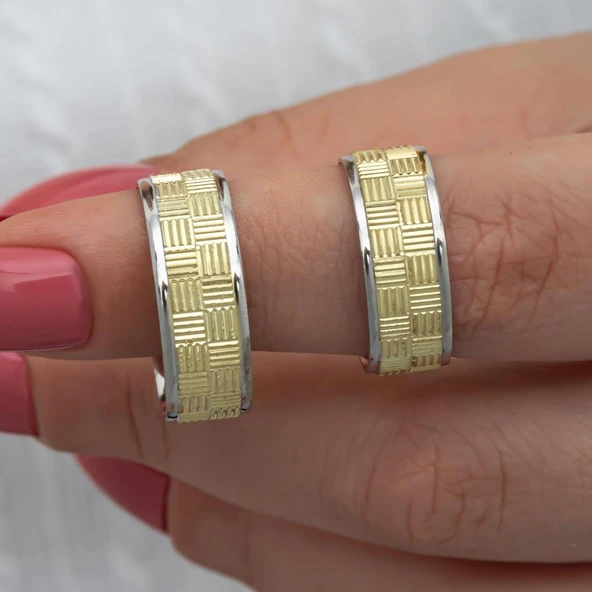 Kare Çizgili Çift 925 Gümüş Alyans Yüzük - Resim 5