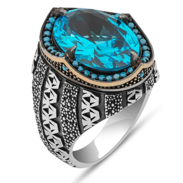 Oval Aqua Mavi Taşlı 925 Gümüş Erkek Yüzük - Resim 2