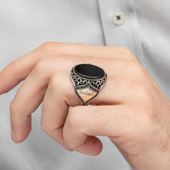 Gümüş Siyah Oniks Taşlı Harfli Erkek Gümüş Yüzük - 3