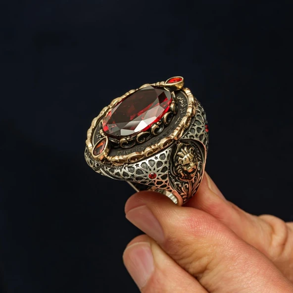 Kırmızı Taşlı Aslan Başı 925 Ayar Erkek Gümüş Yüzük ürün görseli