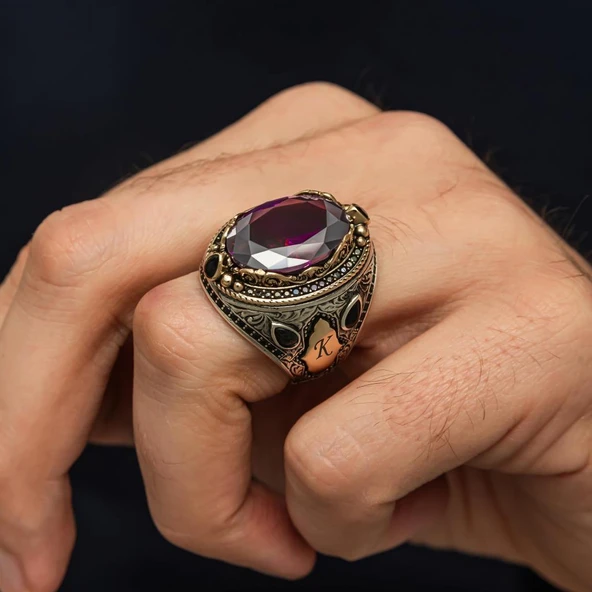 Mor Taşlı Harfli 925 Erkek Gümüş Yüzük - Resim 3
