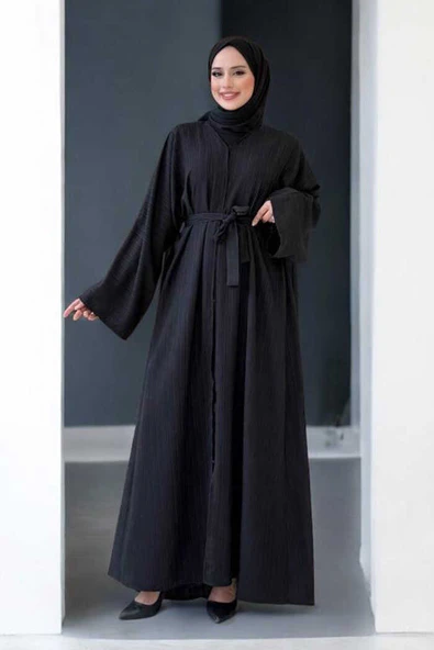 Çıt Çıt Düğmeli Bel Kuşaklı Abaya 70017 Siyah