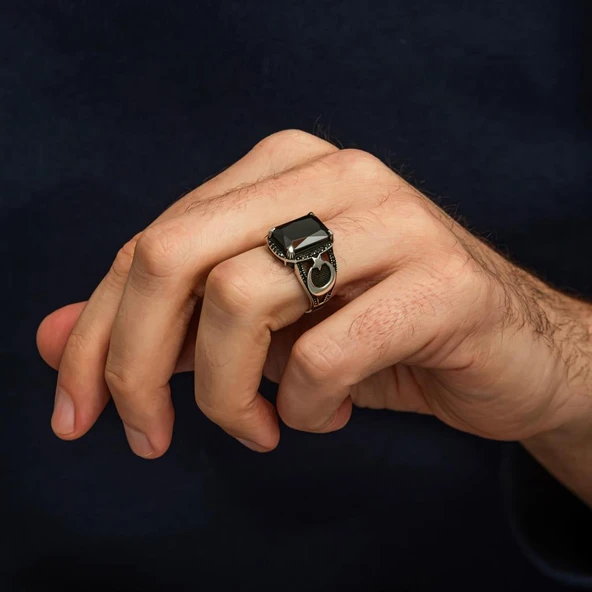 Ayyıldız Desenli Siyah Taşlı 925 Gümüş Erkek Yüzük - Resim 5