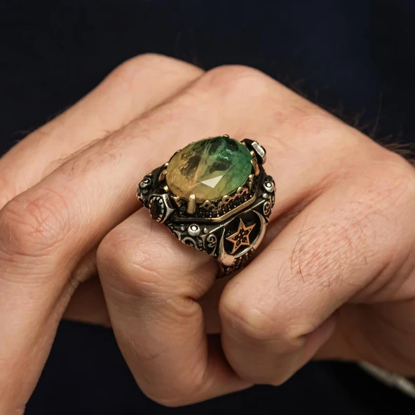 Turmolin Taşlı Ayyıldız Motifli 925 Gümüş Yüzük - Resim 5