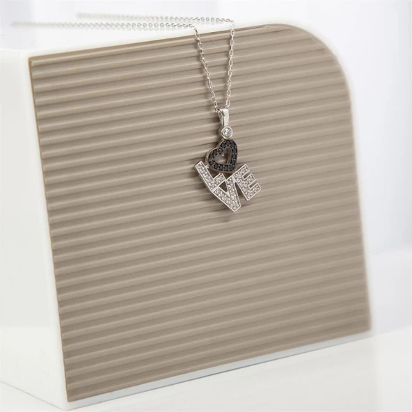 Love Yazılı Taşlı 925 Gümüş Kadın Kolye - 2