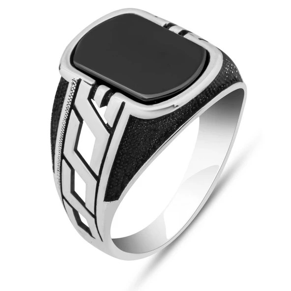 Siyah Oniks Taşlı Grek Motifli 925 Erkek Gümüş Yüzük - Resim 2