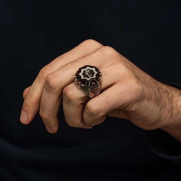 Hasbiyallah Yazılı Siyah Taşlı 925 Gümüş Yüzük - Resim 2