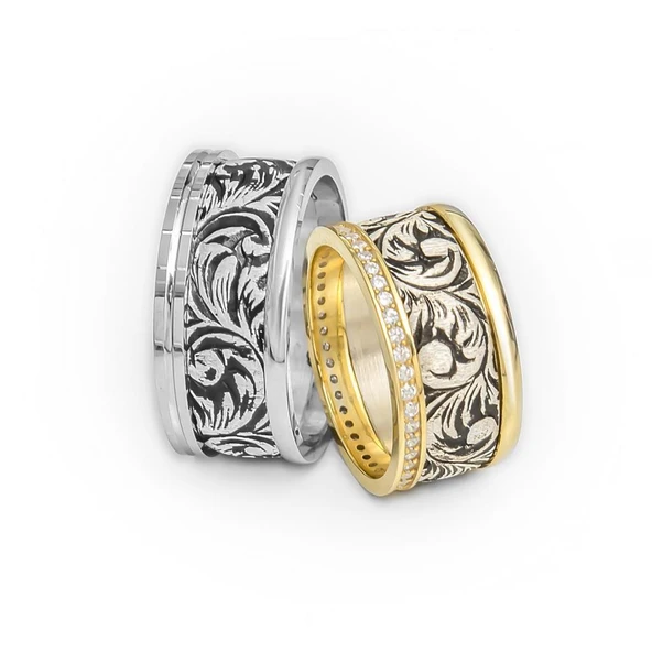 Oyma Desenli Taşlı Çift Gümüş Alyans Yüzük - Resim 2