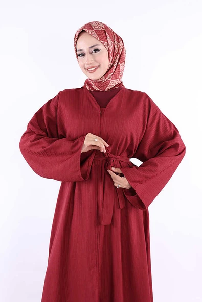 Çıt Çıt Düğmeli Bel Kuşaklı Abaya 70017 Bordo - Resim 4