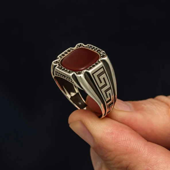 Akik Taşlı Grek Desenli 925 Gümüş Erkek Yüzük - 6