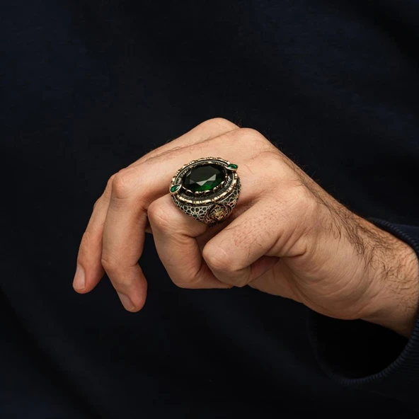 Yeşil Taşlı Aslan Başı 925 Ayar Erkek Gümüş Yüzük - Resim 3