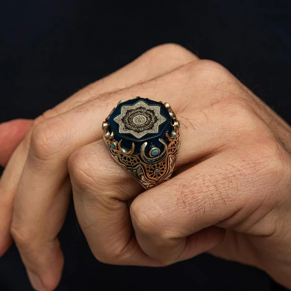 Ayetel Kürsi Hat Yazılı Mavi Taşlı 925 Gümüş Yüzük - Resim 2