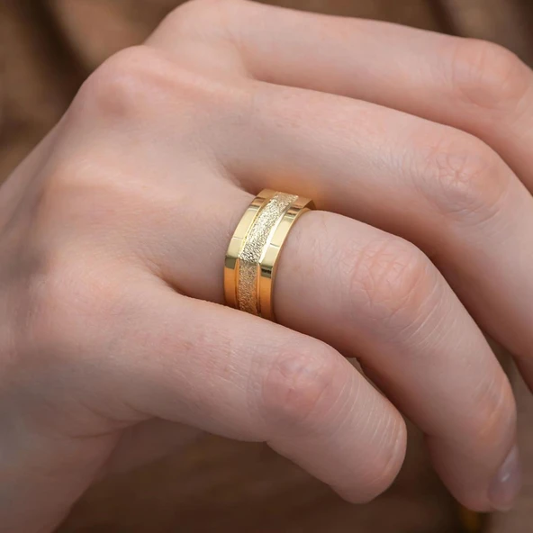 Kare Tasarım Çizgili Çift Gümüş Alyans Yüzük - Resim 8