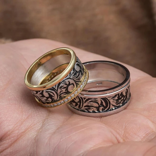Oyma Desenli Taşlı Çift Gümüş Alyans Yüzük - Resim 10
