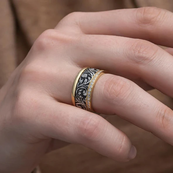 Oyma Desenli Taşlı Çift Gümüş Alyans Yüzük - Resim 4