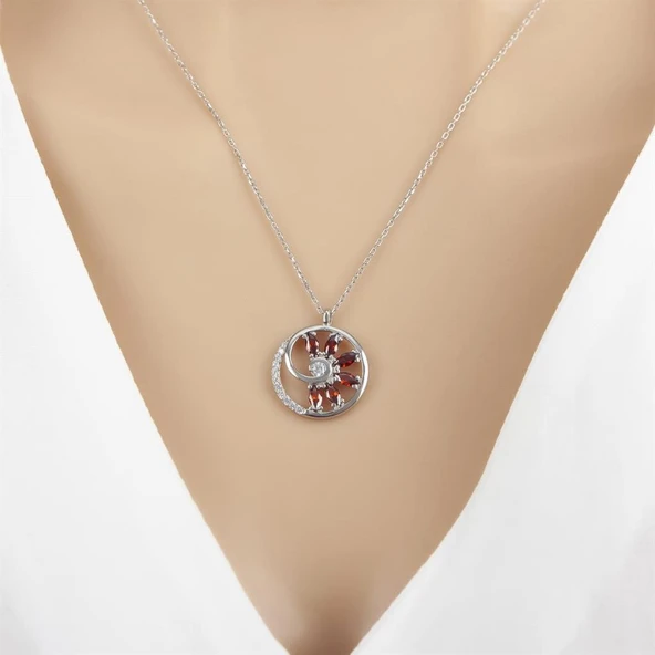 Kırmızı Taşlı Rodyum Kaplama 925 Gümüş Kadın Kolye