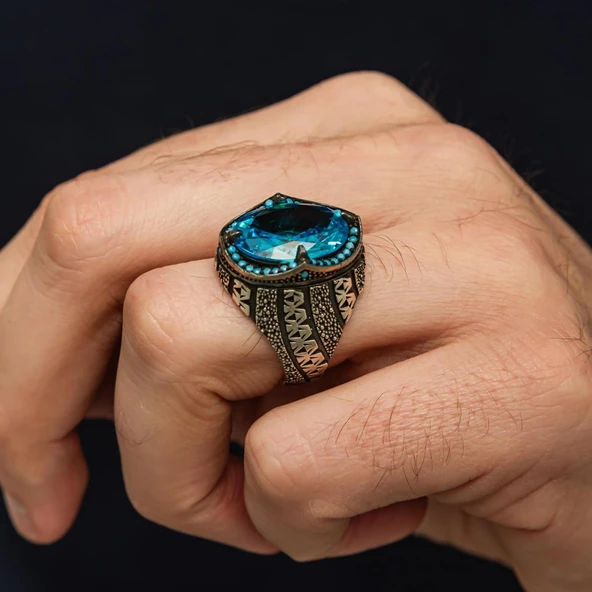 Oval Aqua Mavi Taşlı 925 Gümüş Erkek Yüzük - Resim 3