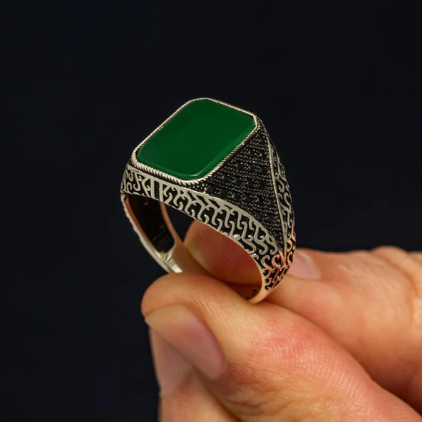 Yeşil Akik Taşlı Kare 925 Erkek Gümüş Yüzük - Resim 4