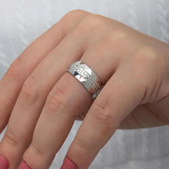 Grek Desenli Çift 925 Gümüş Alyans Yüzük - Resim 4