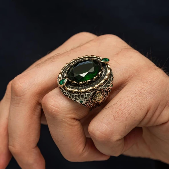 Yeşil Taşlı Aslan Başı 925 Ayar Erkek Gümüş Yüzük - Resim 2