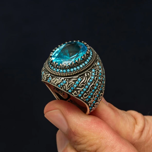 Oval Aqua Mavi Taşlı 925 Gümüş Erkek Yüzük - Resim 4
