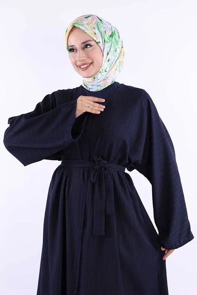 Çıt Çıt Düğmeli Bel Kuşaklı Abaya 70017 Lacivert - Resim 4