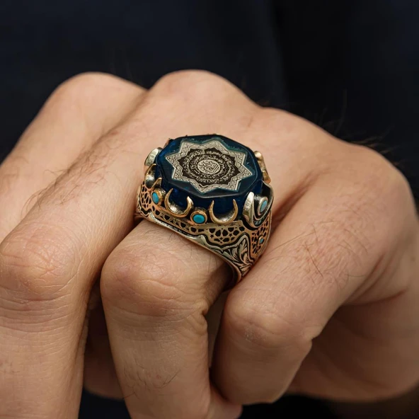 Ayetel Kürsi Hat Yazılı Mavi Taşlı 925 Gümüş Yüzük - Resim 3