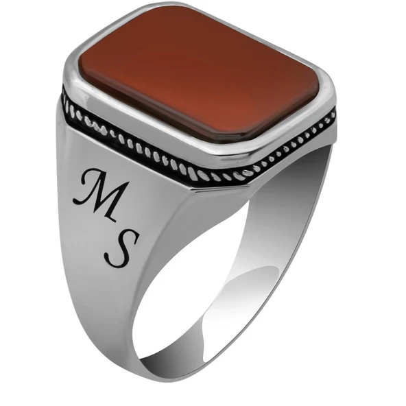 Akik Taşlı Harfli 925 Gümüş Yüzük - 2