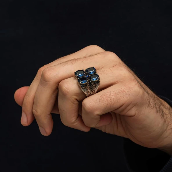 Lacivert 4 Taşlı 925 Erkek Gümüş Yüzük - Resim 5